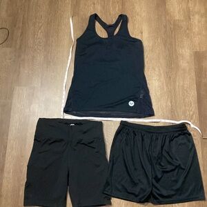 2 large workout shorts one high waisted biker shorts one running short 1 tank
